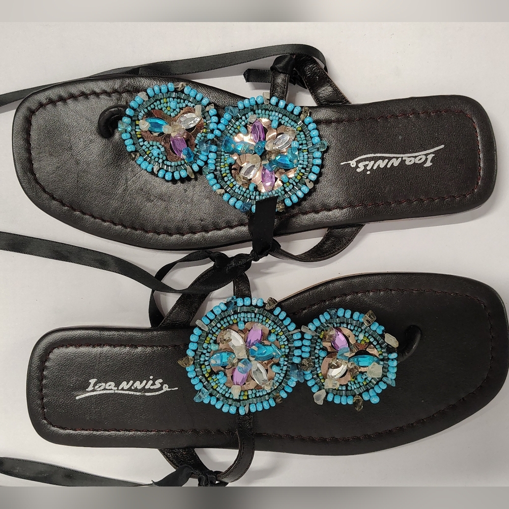 IOANNIS FINE ITALIAN LEATHER DARK BROWN SANDALS -TURQUOISE BEAD MEDALLIONS Sz 6